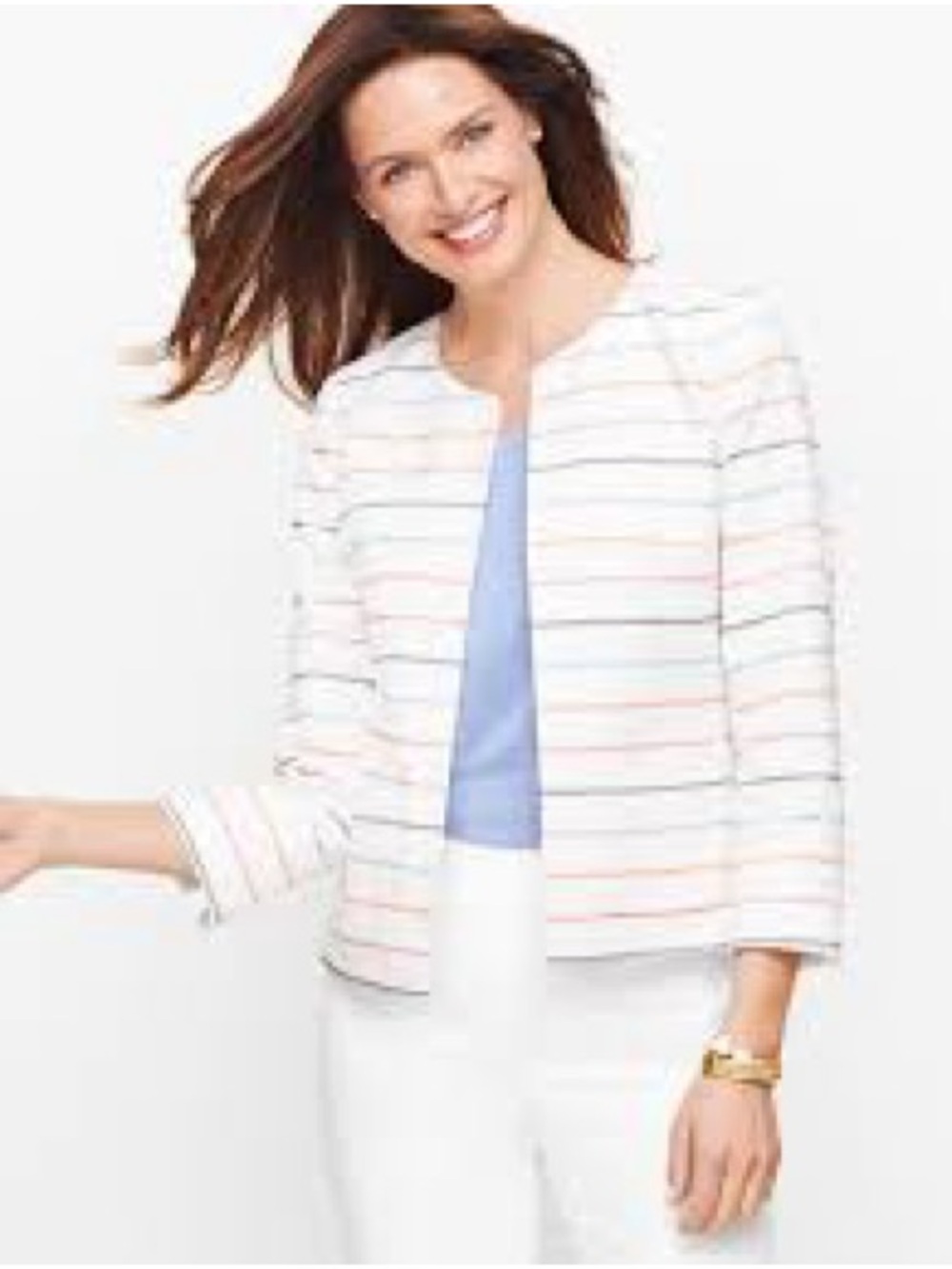 Talbots White Open-Front Jacket with Pastel Stripes